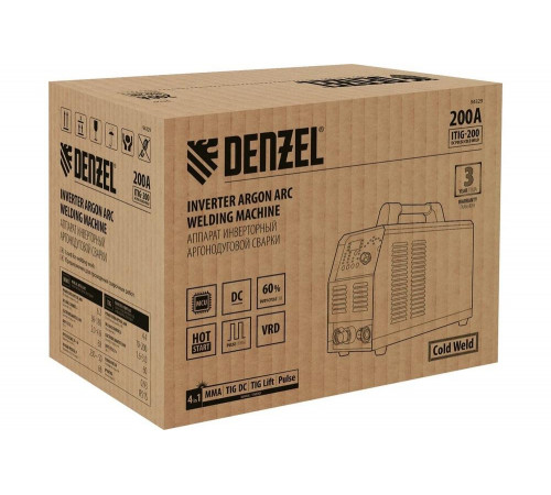 Инверторный аппарат аргонодуговой сварки Denzel itig-200 dс pulse cold weld, 200 А 94329