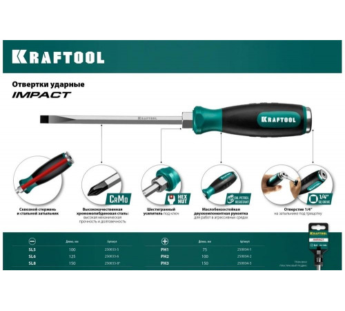 KRAFTOOL PH3х150 мм, отвертка ударная 250034-3 KRAFTOOL PH3х150 мм, отвертка ударная 250034-3