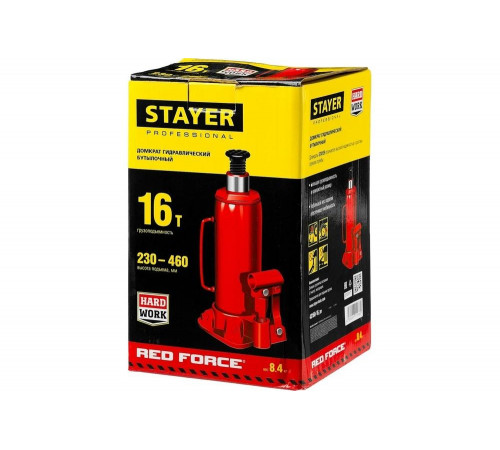 STAYER 16 т, 230-460 мм, домкрат бутылочный гидравлический RED FORCE 43160-16_z01 Professional STAYER 16 т, 230-460 мм, домкрат бутылочный гидравлический RED FORCE 43160-16_z01 Professional