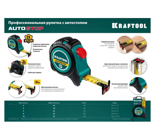 Автостопная рулетка KRAFTOOL 3412-5-25: длина 5 м, ширина 25 мм