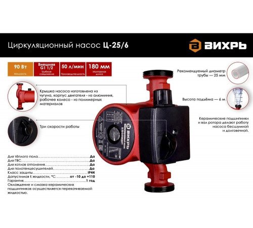 Циркуляционный насос Вихрь Ц-25/6 СТАНДАРТ Циркуляционный насос Вихрь Ц-25/6 СТАНДАРТ