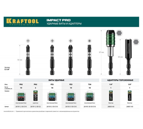KRAFTOOL  Impact Pro PH 2, 50 мм, 10 шт, Ударные биты (26191-2-50-S10)