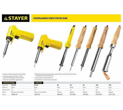 STAYER 30/130 Вт, двухкомпонентная рукоятка, электропаяльник Proterm 55308-130 Professional STAYER 30/130 Вт, двухкомпонентная рукоятка, электропаяльник Proterm 55308-130 Professional