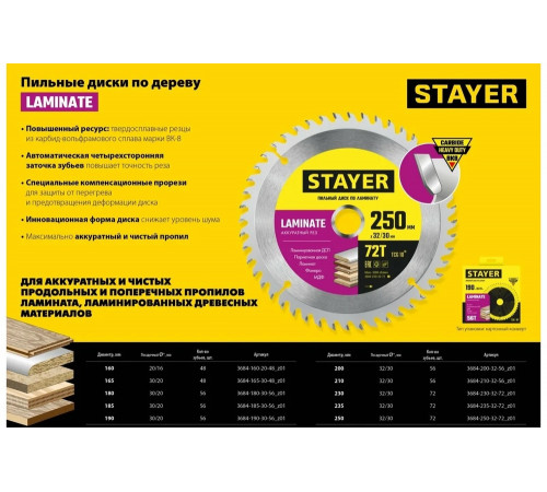 STAYER LAMINATE 235 x 32/30мм 72Т, диск пильный по ламинату, аккуратный рез STAYER LAMINATE 235 x 32/30мм 72Т, диск пильный по ламинату, аккуратный рез