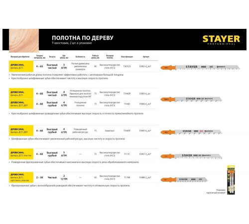 STAYER по дереву, фанере, EU-хвостовик, шаг 3 мм, 75 мм, 2 шт., полотна для эл/лобзика HCS 15987-3_z02 Professional