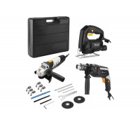 Набор сетевого инструмента DEKO: ударная дрель DKID650W, угловая шлифмашина DKAG650W, электролобзик DKJS650, набор аксессуаров-8 предметов 063-4270