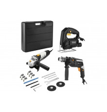 Набор сетевого инструмента DEKO: ударная дрель DKID650W, угловая шлифмашина DKAG650W, электролобзик DKJS650, набор аксессуаров-8 предметов 063-4270