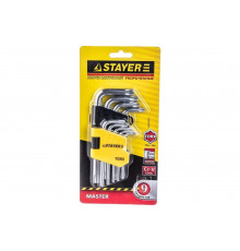 Набор ключей STAYER MASTER имбусовые короткие, Cr-V, сатинированное покрытие, пластик. держатель, T10-T50мм, 9 пред 2743-H9