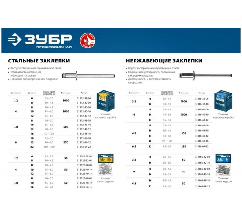 ЗУБР 4.0 х 10 мм, 50 шт., нержавеющие заклепки 313166-40-10 ЗУБР 4.0 х 10 мм, 50 шт., нержавеющие заклепки 313166-40-10