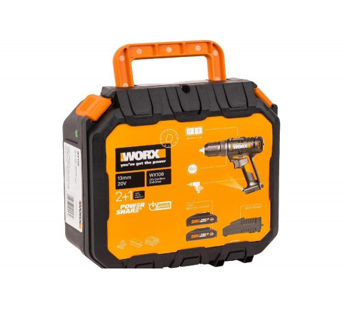 Аккумуляторная дрель-шуруповерт WORX WX108 45Нм, 20В, 2Ач x2, ЗУ 2А, кейс Аккумуляторная дрель-шуруповерт WORX WX108 45Нм, 20В, 2Ач x2, ЗУ 2А, кейс