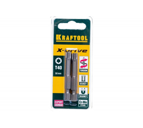 KRAFTOOL T40, 50 мм, 2 шт., кованые профессиональные биты X-DRIVE 26125-40-50-2 KRAFTOOL T40, 50 мм, 2 шт., кованые профессиональные биты X-DRIVE 26125-40-50-2