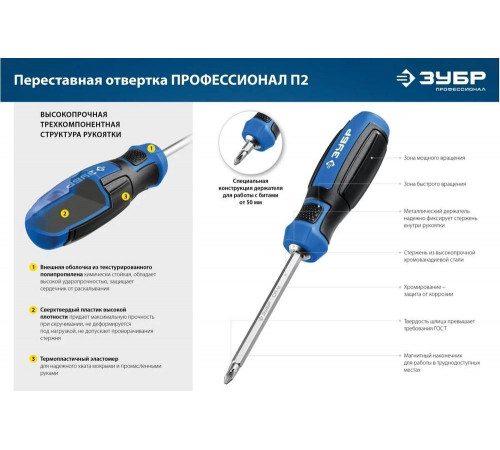 ЗУБР SL6/PH2, переставная отвертка Профессионал-П2 25029