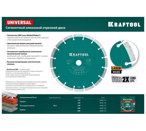 KRAFTOOL Ø 115Х22.2 мм, алмазный, сегментный, по железобетону, высокопрочному бетону диск отрезной UNIVERSAL 36680-115 KRAFTOOL Ø 115Х22.2 мм, алмазный, сегментный, по железобетону, высокопрочному бетону диск отрезной UNIVERSAL 36680-115