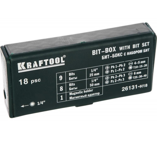 KRAFTOOL Expert с магнитным адаптером 18 шт, Набор бит (26131-H18) KRAFTOOL Expert с магнитным адаптером 18 шт, Набор бит (26131-H18)