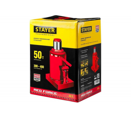 STAYER 50 т, 300-480 мм, домкрат бутылочный гидравлический RED FORCE 43160-50_z01 Professional STAYER 50 т, 300-480 мм, домкрат бутылочный гидравлический RED FORCE 43160-50_z01 Professional
