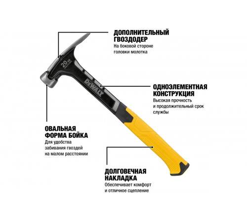 Молоток DEWALT одноэлементный, с прямым гвоздодером, 567 г DWHT0-51054