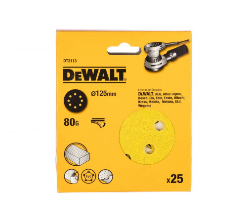 Шкурка шлифовальная 25 шт. для эксцентриковых шлифмашин (125 мм; К80; крепление на липучке) DEWALT DT 3113