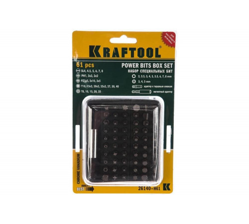 KRAFTOOL 61 шт., набор бит с адаптером в пластиковом боксе GRAND-61 26140-H61 Профессионал KRAFTOOL 61 шт., набор бит с адаптером в пластиковом боксе GRAND-61 26140-H61 Профессионал