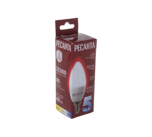 Светодиодная лампа Ресанта LL-R-C37-5W-230-4K-E14 (свеча, 5Вт, нейтр., Е14) 76/1/2 Светодиодная лампа Ресанта LL-R-C37-5W-230-4K-E14 (свеча, 5Вт, нейтр., Е14) 76/1/2