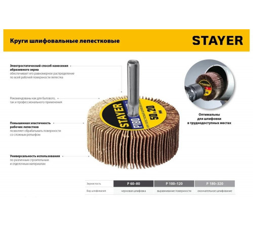 Круг шлифовальный лепестковый на шпильке STAYER P60, 60x30 мм 36608-060