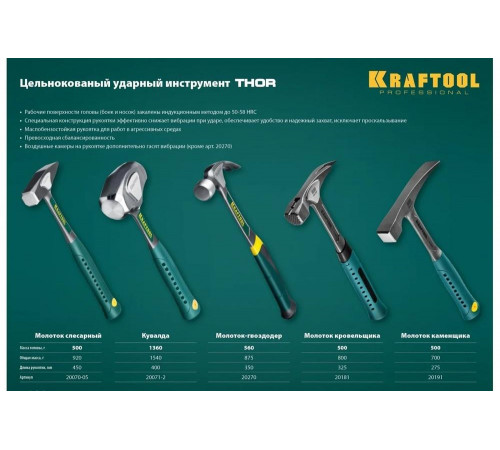 KRAFTOOL 500 г, молоток цельнокованый слесарный THOR 20070-05