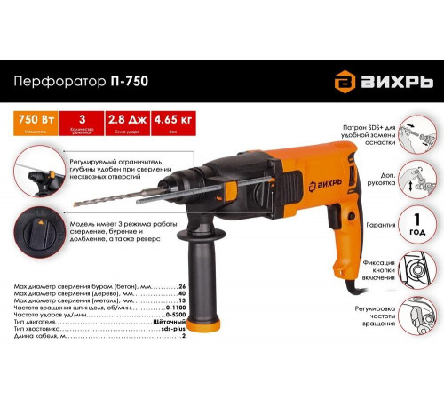 Перфоратор ВИХРЬ П-750