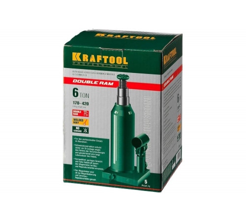 KRAFTOOL 6 т, 170-420 мм, домкрат гидравлический бутылочный сварной телескопический Double Ram 43463-6 KRAFTOOL 6 т, 170-420 мм, домкрат гидравлический бутылочный сварной телескопический Double Ram 43463-6