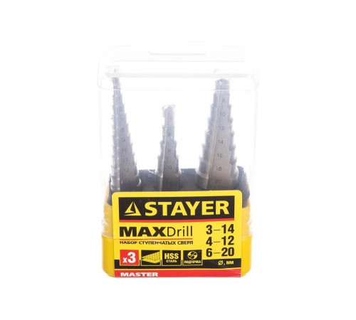 STAYER 3 шт., HSS, набор ступенчатых сверл по сталям и цвет.мет 29660-3-20-H3 Master STAYER 3 шт., HSS, набор ступенчатых сверл по сталям и цвет.мет 29660-3-20-H3 Master