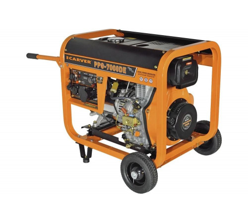 Генератор CARVER PPG- 7000DE дизель LT-186FA, 5,0/5,5кВт, 220В, бак12.5л, э/старт, колеса, медь 01.020.00023