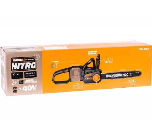 WORX NITRO WG385E.9 - ультра мощная цепная пила 40V, бесщеточная, 40 см