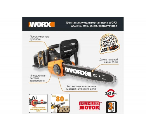 Бесщеточная аккумуляторная цепная пила WORX WG384E Бесщеточная аккумуляторная цепная пила WORX WG384E