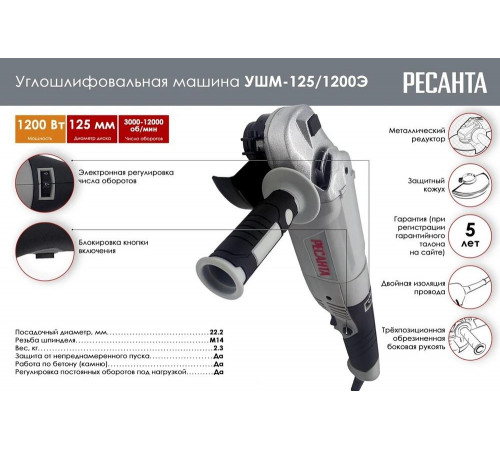 Углошлифовальная машина УШМ-125/1200Э Ресанта (болгарка) Углошлифовальная машина УШМ-125/1200Э Ресанта (болгарка)