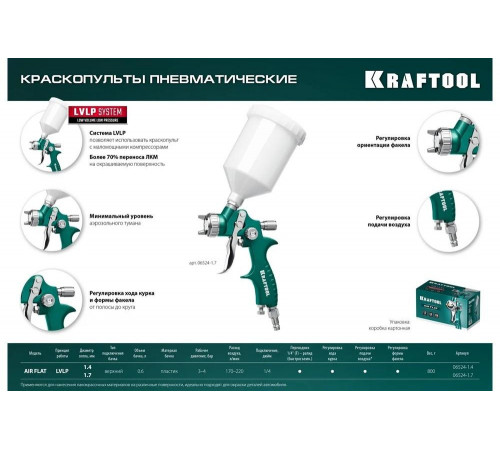 KRAFTOOL сопло 1,4 мм, краскопульт пневматический c верхним бачком AirFlat LVLP 06524-1.4 KRAFTOOL сопло 1,4 мм, краскопульт пневматический c верхним бачком AirFlat LVLP 06524-1.4
