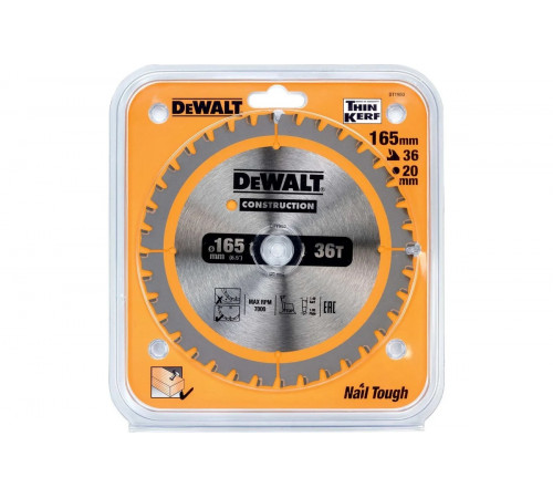 Пильный диск DEWALT DT1950, CONSTRUCTION по дереву с гвоздями 165/20 мм, 36 FTG +3 DT1950-QZ