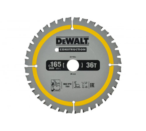 Пильный диск DEWALT DT1950, CONSTRUCTION по дереву с гвоздями 165/20 мм, 36 FTG +3 DT1950-QZ