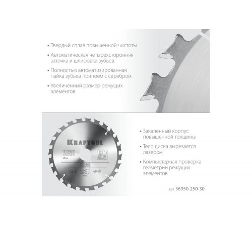 Диск пильный по дереву KRAFTOOL Fast 250x30 мм, 24Т 36950-250-30