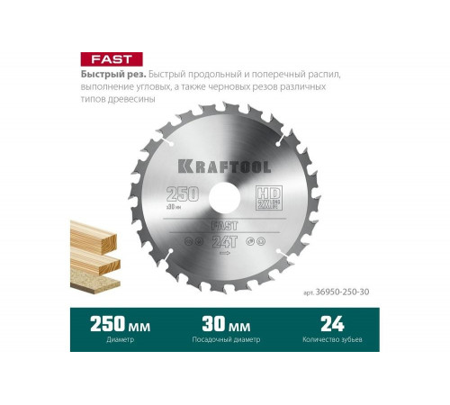 Диск пильный по дереву KRAFTOOL Fast 250x30 мм, 24Т 36950-250-30