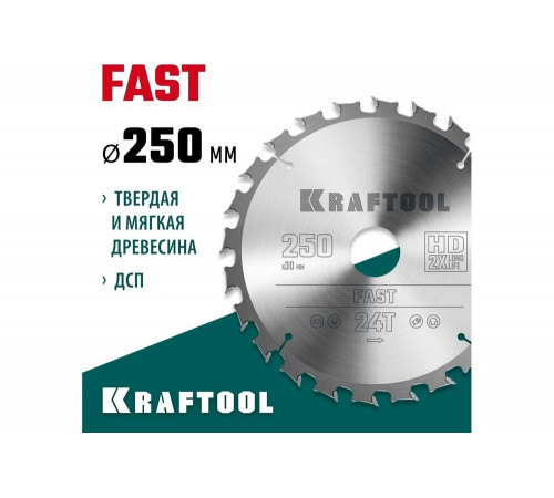 Диск пильный по дереву KRAFTOOL Fast 250x30 мм, 24Т 36950-250-30