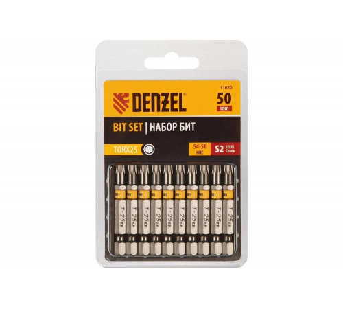 Набор бит TORX T25, 50 мм, сталь S2, шестигранный профиль, 10 шт Denzel 11670 Набор бит TORX T25, 50 мм, сталь S2, шестигранный профиль, 10 шт Denzel 11670