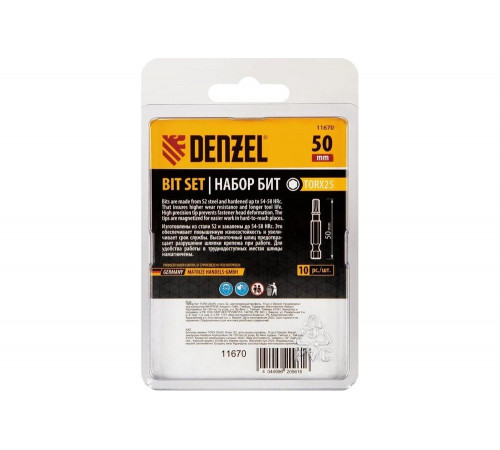 Набор бит TORX T25, 50 мм, сталь S2, шестигранный профиль, 10 шт Denzel 11670 Набор бит TORX T25, 50 мм, сталь S2, шестигранный профиль, 10 шт Denzel 11670