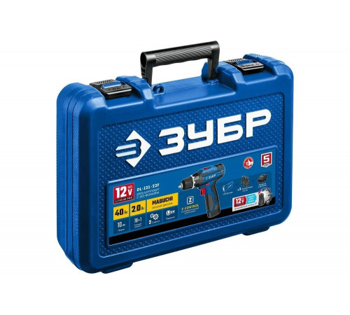ЗУБР 12 В + LED фонарь, 2 АКБ (2Ач), в кейсе, дрель-шуруповерт DL-121-22F Профессионал