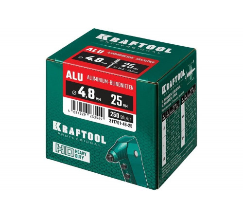 KRAFTOOL Alu Al5052, 4.8 х 25 мм, алюминиевые заклепки, 250 шт (311701-48-25) KRAFTOOL Alu Al5052, 4.8 х 25 мм, алюминиевые заклепки, 250 шт (311701-48-25)