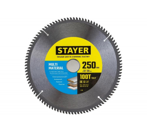 Пильный диск по алюминию STAYER Multi Material 250x32/30 мм, 100Т, супер чистый рез 3685-250-32-100 Пильный диск по алюминию STAYER Multi Material 250x32/30 мм, 100Т, супер чистый рез 3685-250-32-100