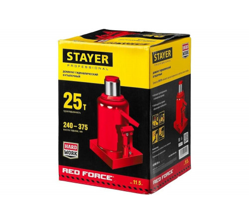 STAYER 25 т, 240-375 мм, домкрат бутылочный гидравлический RED FORCE 43160-25_z01 Professional STAYER 25 т, 240-375 мм, домкрат бутылочный гидравлический RED FORCE 43160-25_z01 Professional
