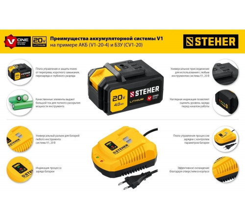 Аккумуляторная батарея STEHER 20В, 4 Ач, Li-Ion тип V1 V1-20-4