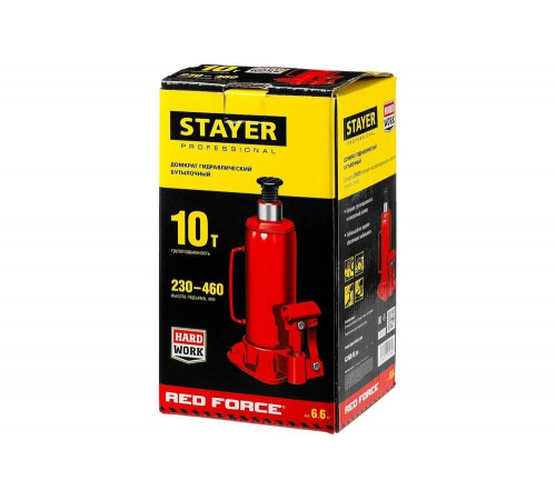 STAYER 10 т, 230-460 мм, домкрат бутылочный гидравлический RED FORCE 43160-10_z01 Professional