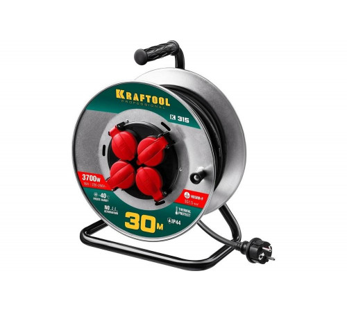 Удлинитель на катушке KRAFTOOL 30м, 3700Вт, 4 гнезда, IP44, КГ 3х1.5 кв.мм, 55085-30