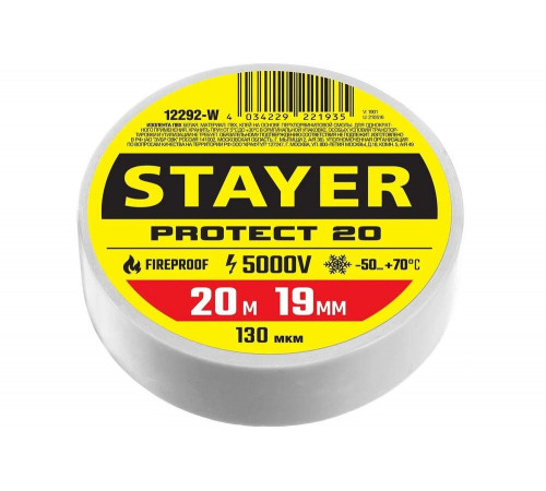 STAYER 19 мм, 20 м, цвет белый, изолента ПВХ на карточке Protect-20 12292-W STAYER 19 мм, 20 м, цвет белый, изолента ПВХ на карточке Protect-20 12292-W