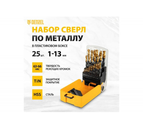 Набор сверл по металлу Golden Tip 1-13 мм, HSS-Tin, 25 шт Denzel 72323 Набор сверл по металлу Golden Tip 1-13 мм, HSS-Tin, 25 шт Denzel 72323