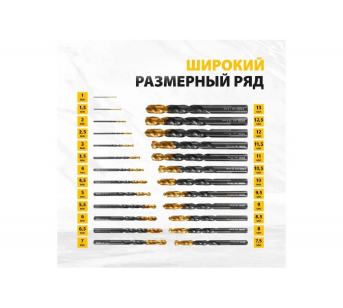 Набор сверл по металлу Golden Tip 1-13 мм, HSS-Tin, 25 шт Denzel 72323 Набор сверл по металлу Golden Tip 1-13 мм, HSS-Tin, 25 шт Denzel 72323